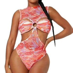 Fashion Nova Lyla Halter 1 Piece Swimsuit - Coral/Combo - NWT